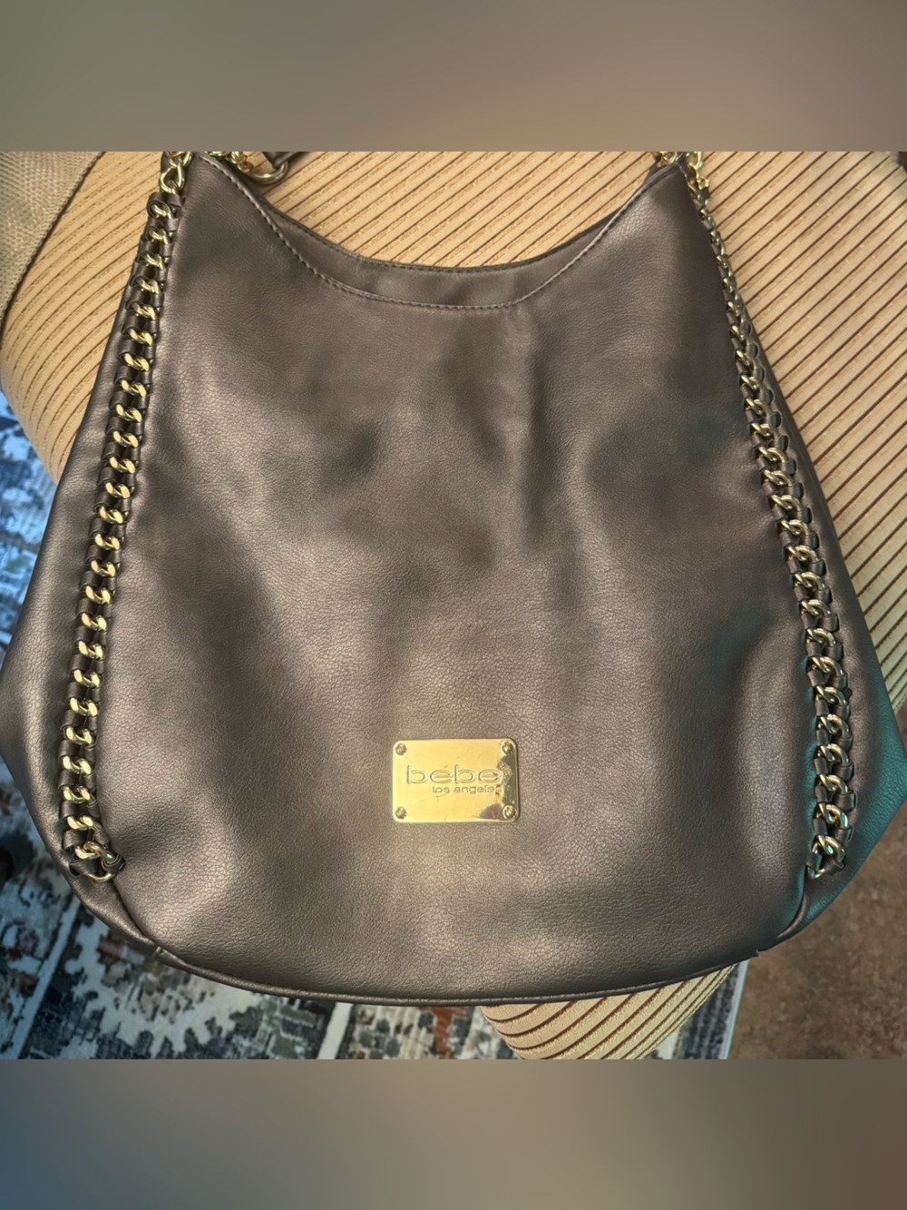 bebe Silver Leather Shoulder Tote with Interior Zip Pocket